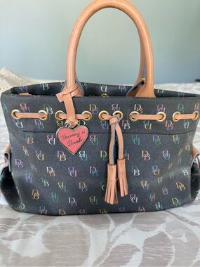 Dooney & Bourke Brown Multicolor Logo Tote with Tan Handles and Heart Charm